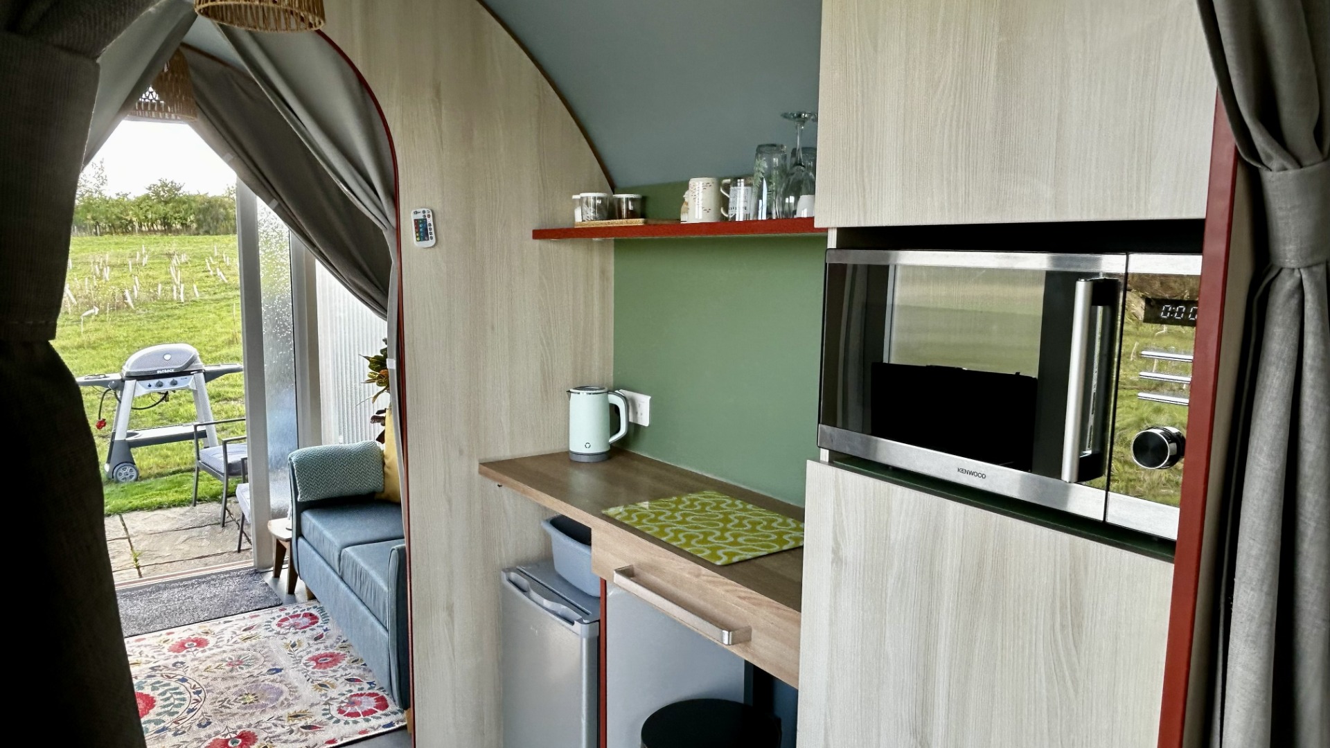 Campers Kitchen with Gas Hob, Microwave, Kettle and all the essentials.  